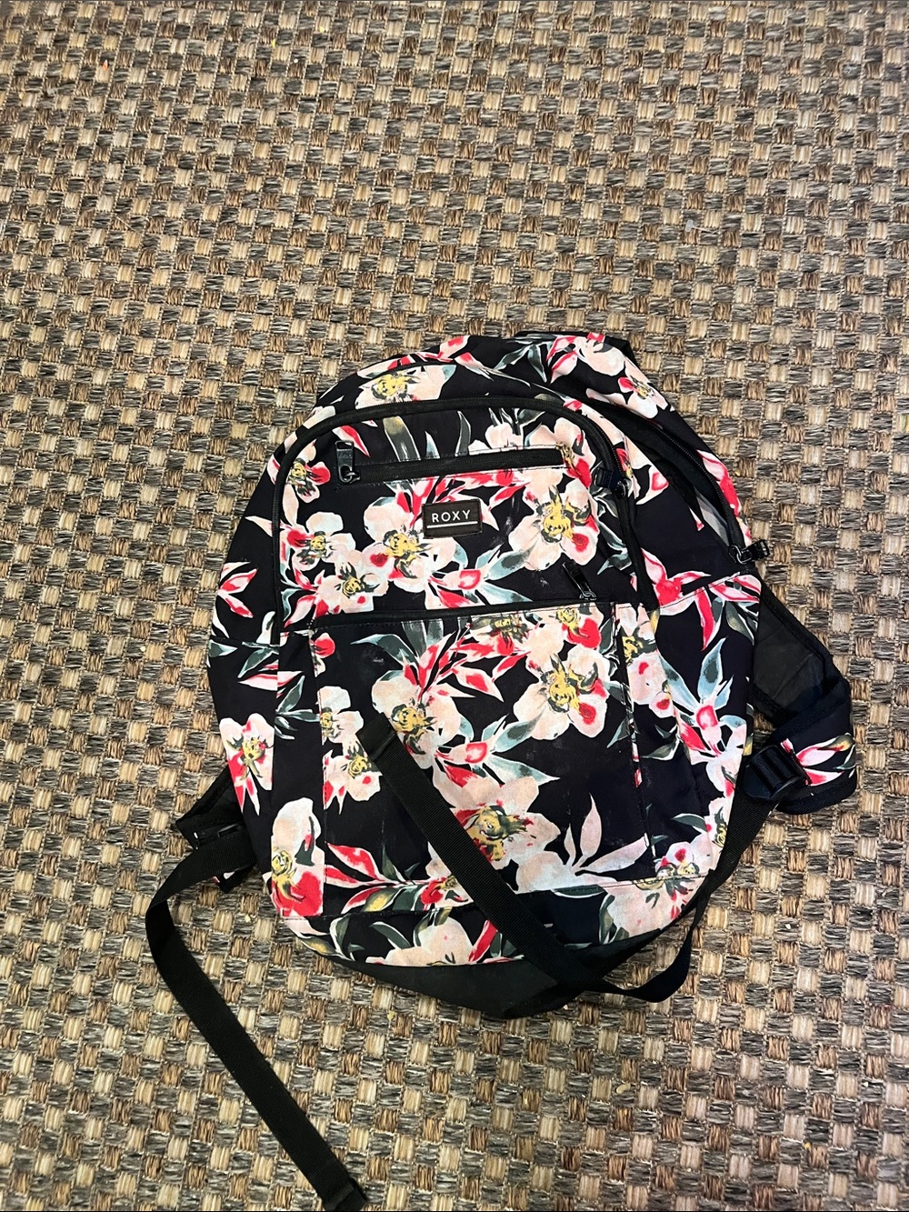 Roxy Black Floral Backpack with Pink and White Blooms large size